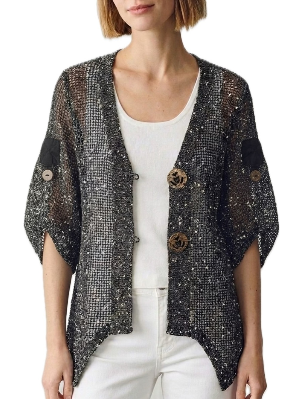 Katie Todd Speckled Open Crochet Knit Mesh Cardigan Womens Size M Sharkbite Hem